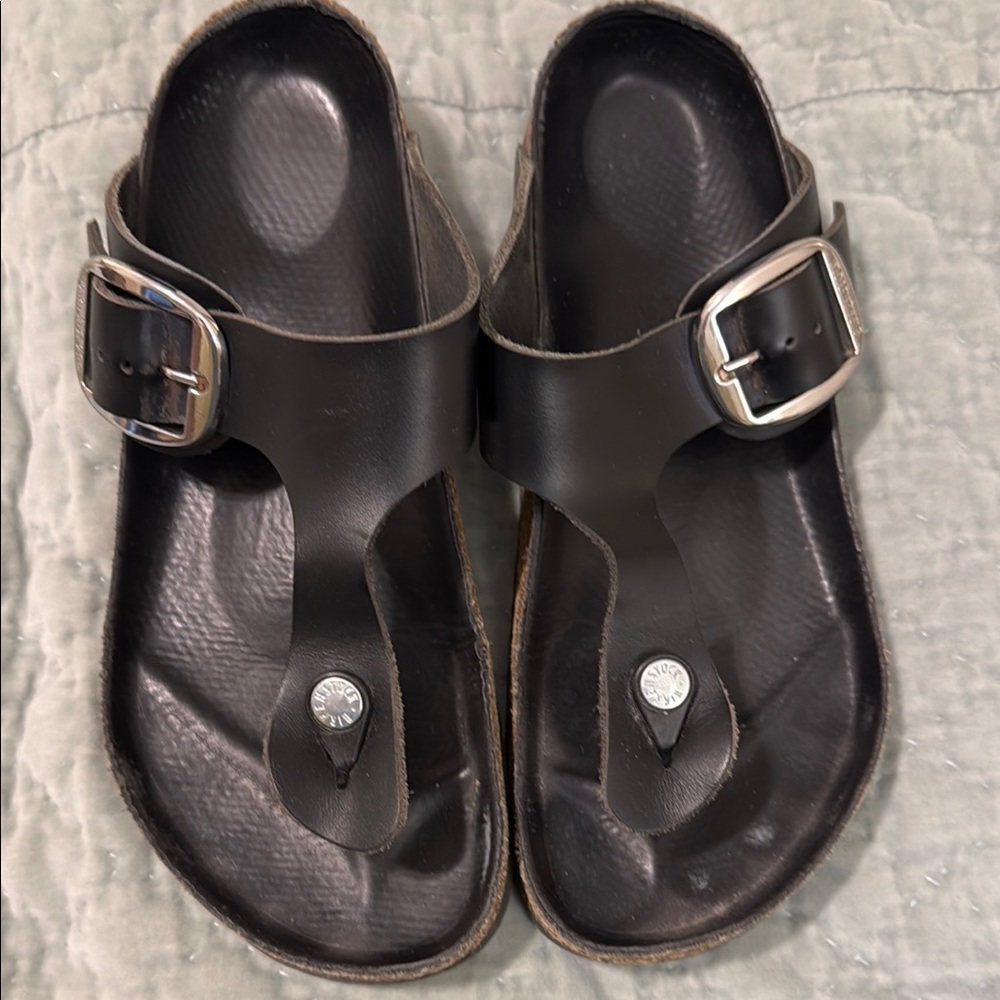 Birkenstock Large Buckle Stylish Black Sandals with Silver Buckles